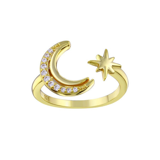 Gold Plated 925 Sterling Silver Crescent Moon & Star Clear CZ Ring Sizes 5-9