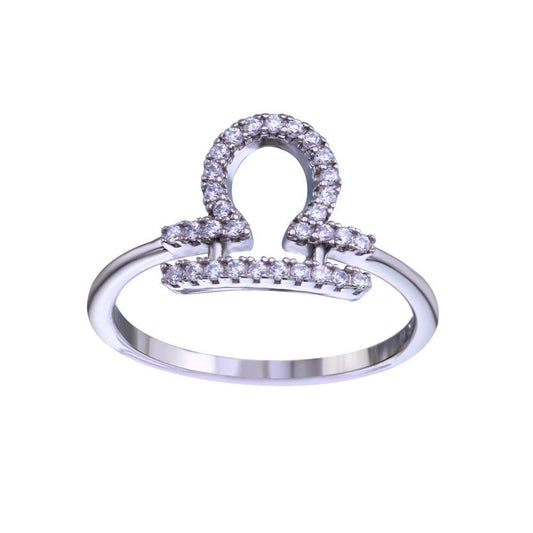Rhodium Plated 925 Sterling Silver Libra Clear CZ Zodiac Sign Ring Sizes 5-9