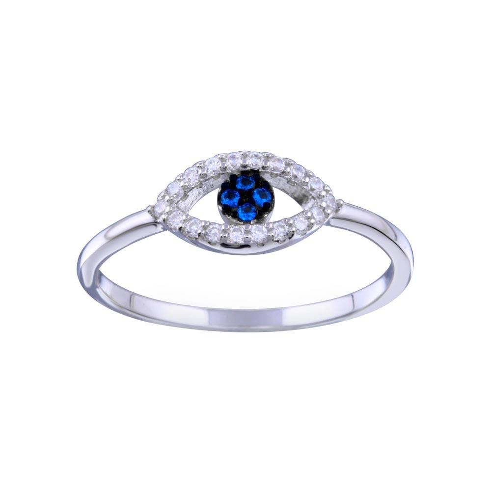 Rhodium Plated 925 Sterling Silver Blue & Clear CZ Evil Eye Ring Band Sizes 5-9