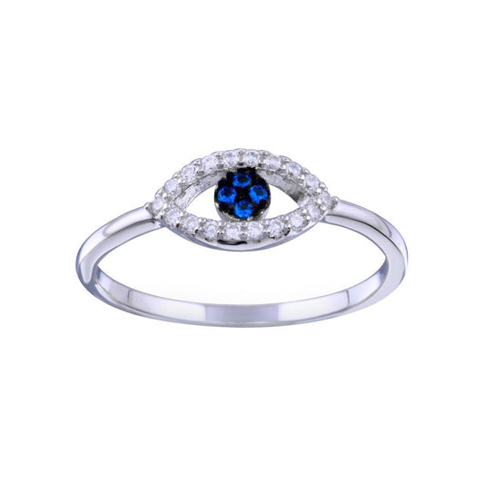 Rhodium Plated 925 Sterling Silver Blue & Clear CZ Evil Eye Ring Band Sizes 5-9