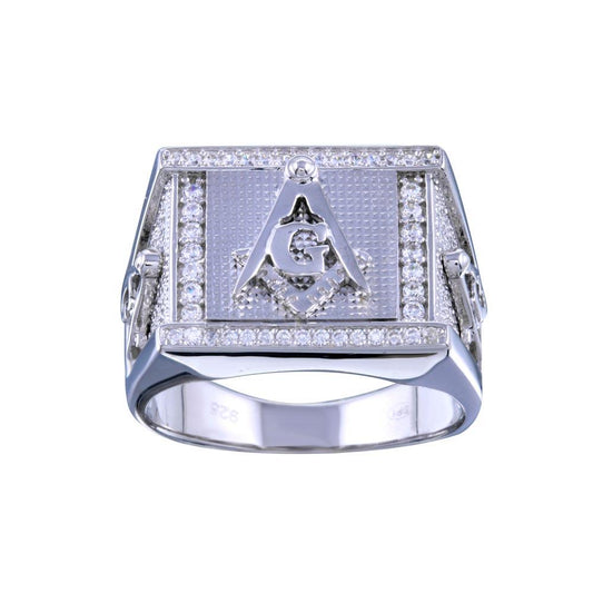 Rhodium Plated 925 Sterling Silver Masonry Statement Clear CZ Ring Sizes 9-12
