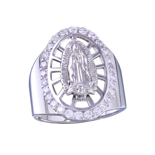 Rhodium Plated 925 Sterling Silver Oval CZ Lady of Guadalupe Ring Band Sizes 5-9