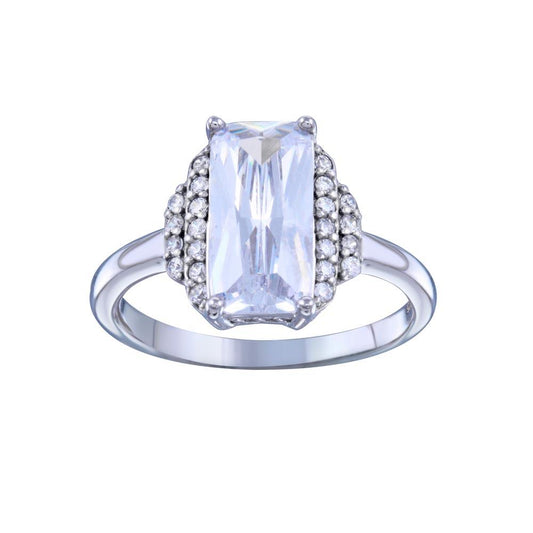 Rhodium Plated 925 Sterling Silver Rectangle Center CZ Bridal Ring Sizes 5-9