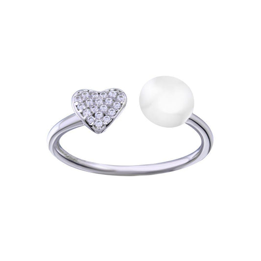 Rhodium Plated 925 Sterling Silver Simulated Pearl Heart Band CZ Ring Sizes 6-6