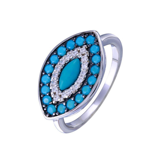 Rhodium Plated Sterling Silver Simulated Turquoise Clear CZ Eye Ring Sizes 5-9