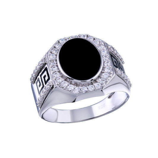 Rhodium Plated 925 Sterling Silver Oval Onyx Ring Clear CZ Band Sizes 9-12