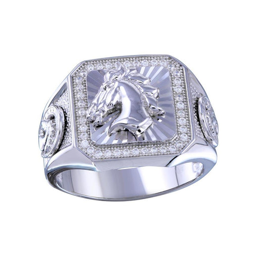 Rhodium Plated 925 Sterling Silver Stallion Horse Statement CZ Ring Sizes 9-12