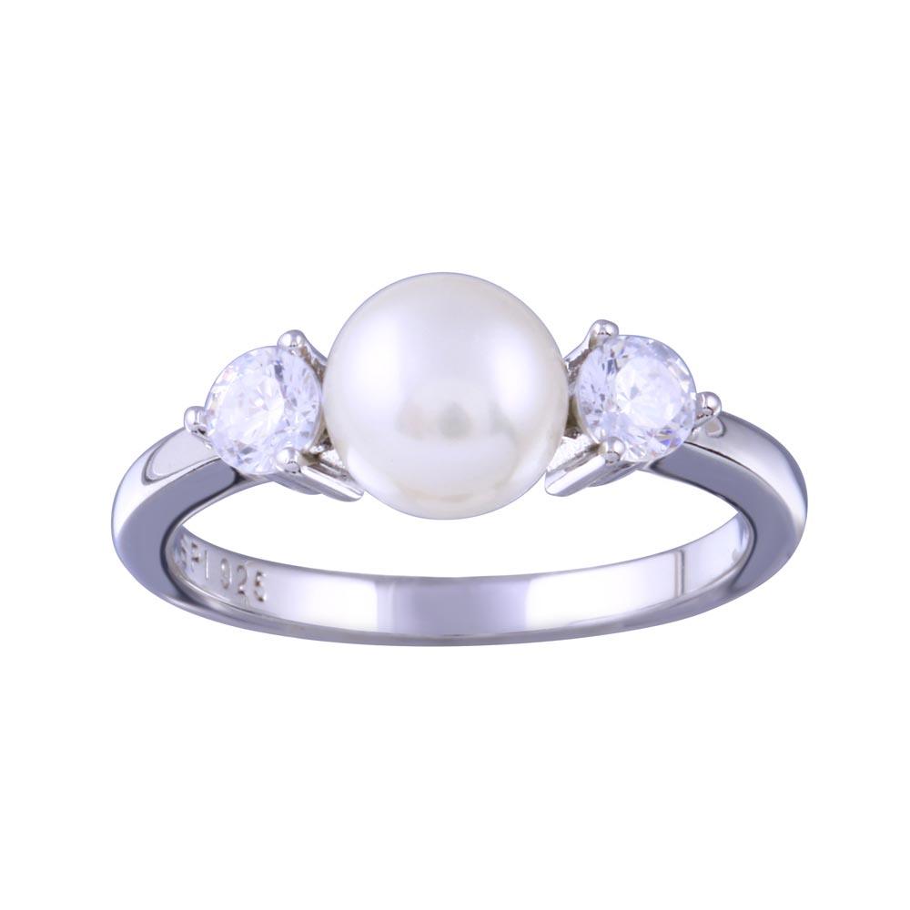 Rhodium Plated 925 Sterling Silver Simulated Pearl Clear CZ Ring Band Sizes 5-9