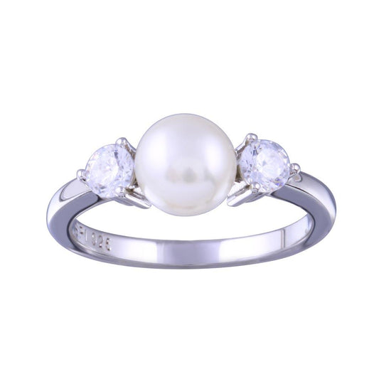 Rhodium Plated 925 Sterling Silver Simulated Pearl Clear CZ Ring Band Sizes 5-9