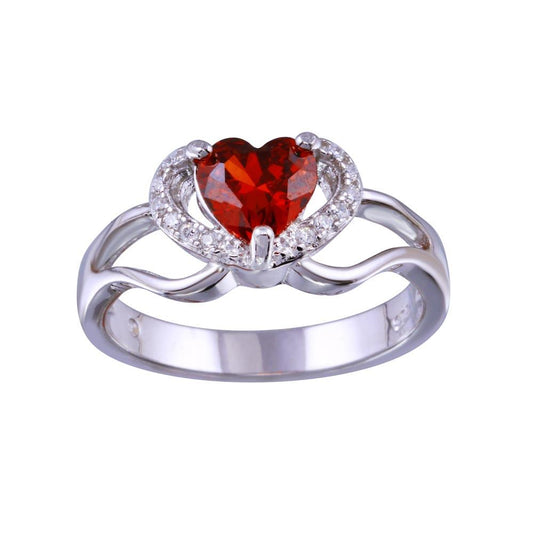 Rhodium Plated 925 Sterling Silver Heart Band Red & Clear CZ Ring Sizes 5-9