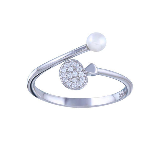 Rhodium Plated 925 Sterling Silver Simulated Pearl Clear CZ Ring Sizes 6-6