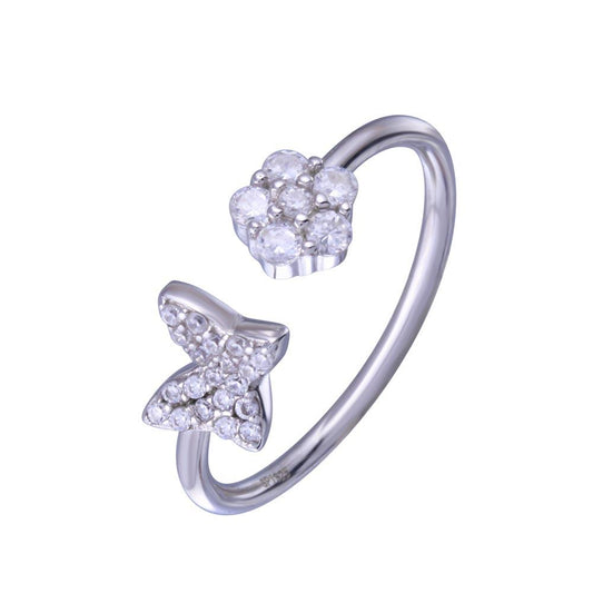 Rhodium Plated 925 Sterling Silver Butterfly Flower Clear CZ Ring Sizes 6-6