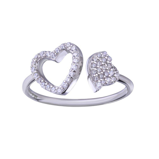Rhodium Plated 925 Sterling Silver Two Hearts Clear CZ Adjustable Ring Sizes 6-6