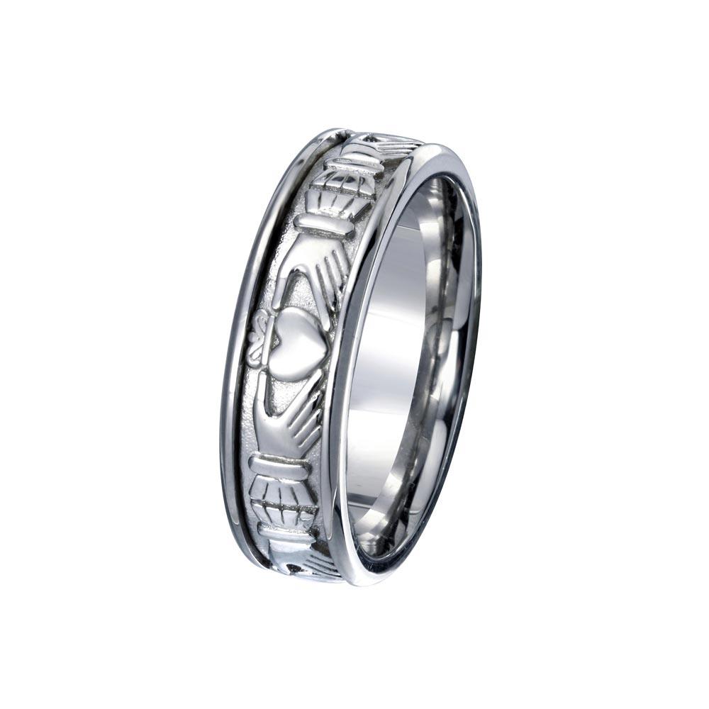 Rhodium Plated 925 Sterling Silver Claddagh Band 6.5mm Celtic Ring Sizes 9-12