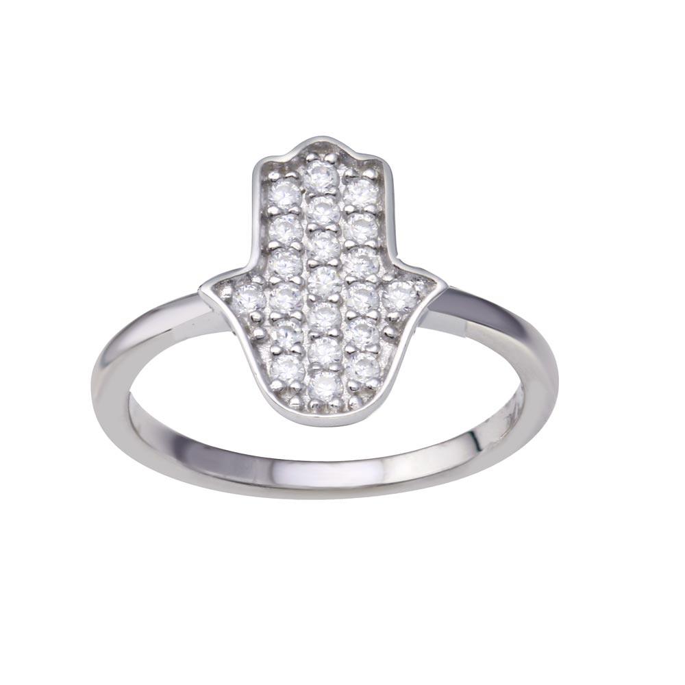 Rhodium Plated 925 Sterling Silver Hamsa Clear CZ Ring Band Sizes 5-9