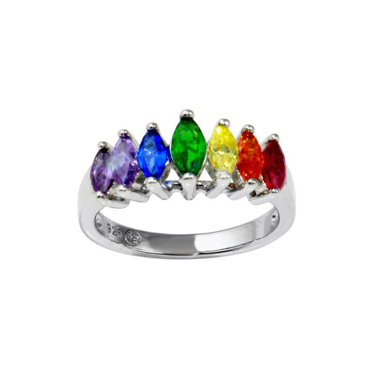 Rhodium Plated Sterling Silver Graduated Multicolor Marquise CZ Ring Sizes 5-9