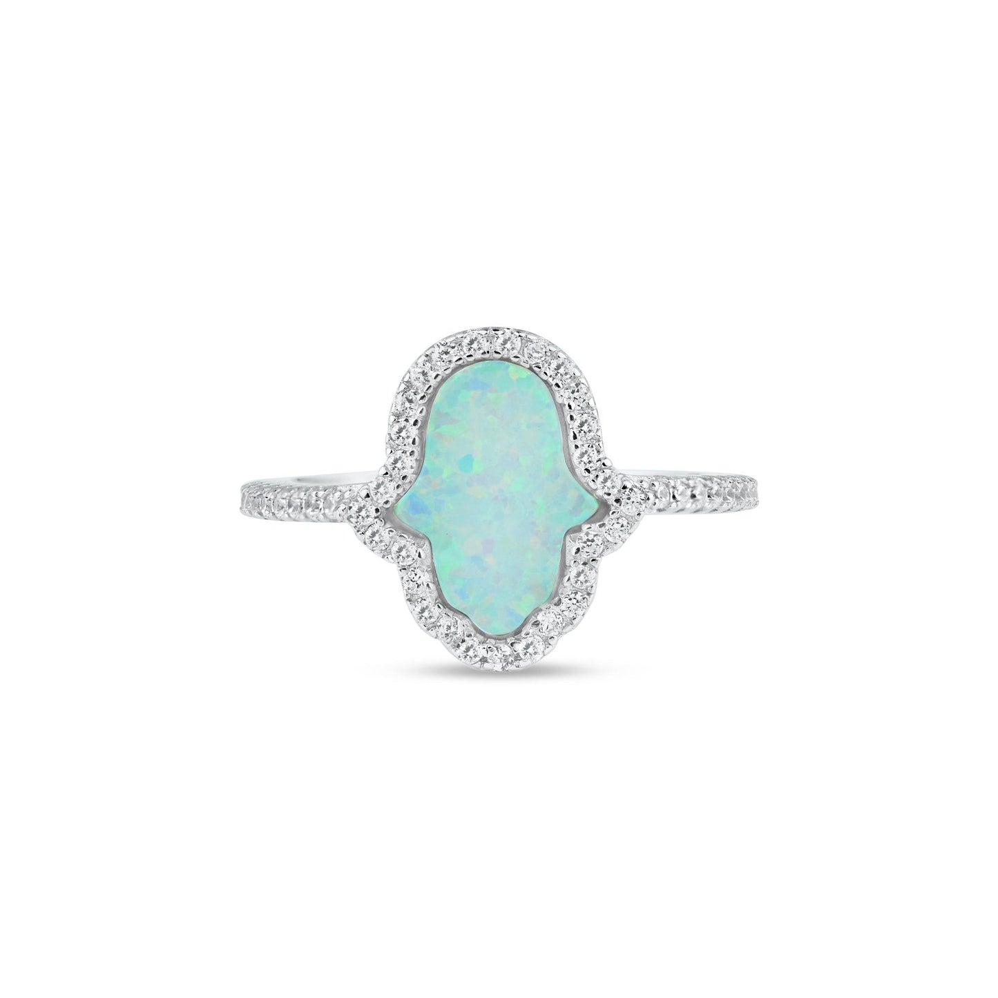 Rhodium Plated 925 Sterling Silver Hamsa Synthetic Opal Clear CZ Ring Sizes 5-9