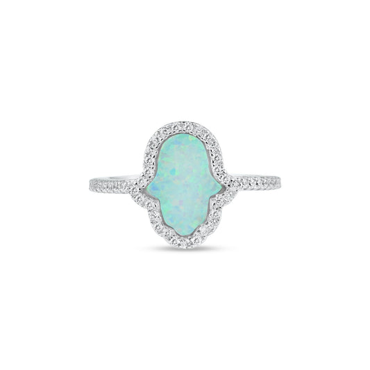 Rhodium Plated 925 Sterling Silver Hamsa Synthetic Opal Clear CZ Ring Sizes 5-9