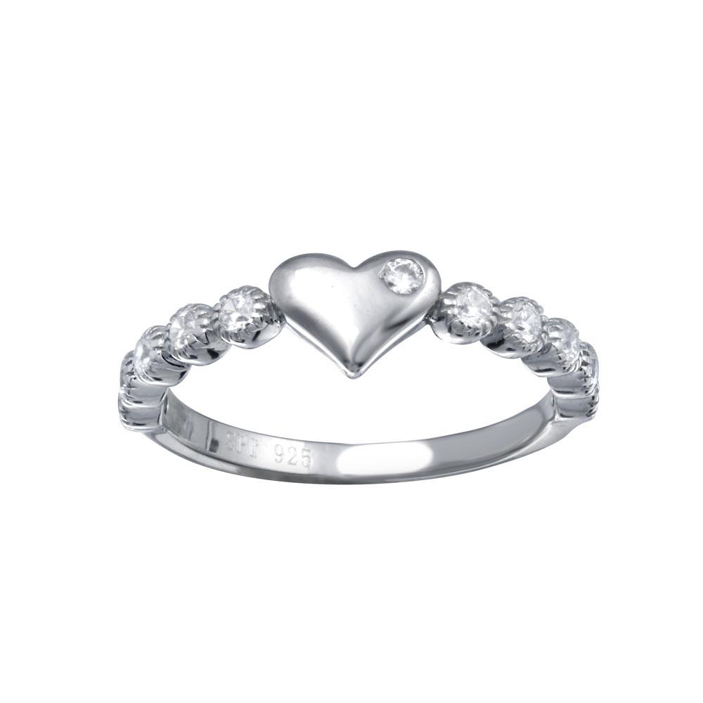 Rhodium Plated 925 Sterling Silver Clear CZ Heart Bubble Shank Ring Sizes 5-9