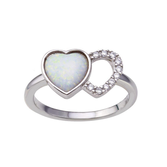 Rhodium Plated 925 Sterling Silver Heart Simulated Opal Clear CZ Ring Sizes 5-9