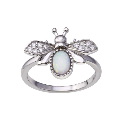 Rhodium Plated 925 Sterling Silver Simulated Opal Bee Clear CZ Ring Sizes 5-9