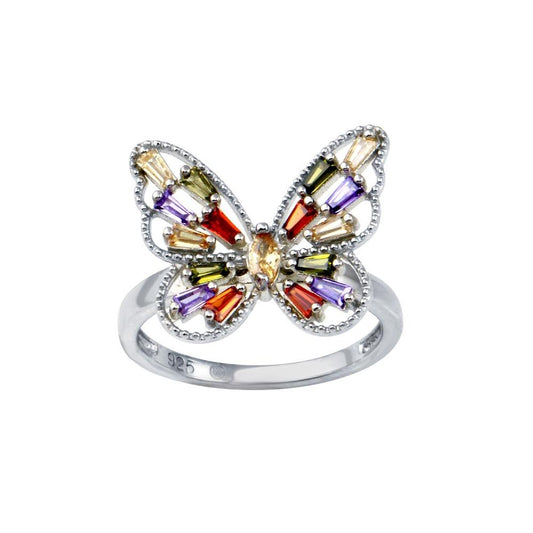 Rhodium Plated Sterling Silver Multi Color Baguette CZ Butterfly Ring Sizes 5-9