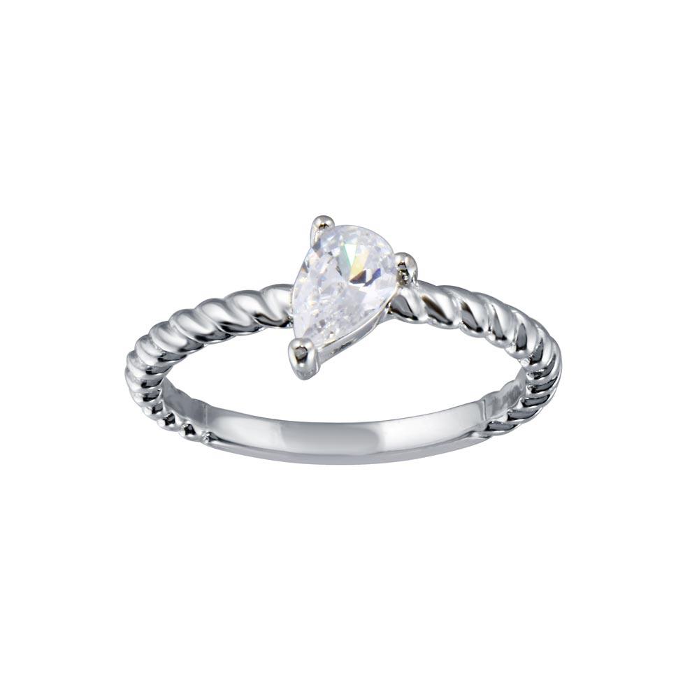 Rhodium Plated 925 Sterling Silver Angled Teardrop Clear CZ Ring Sizes 5-9