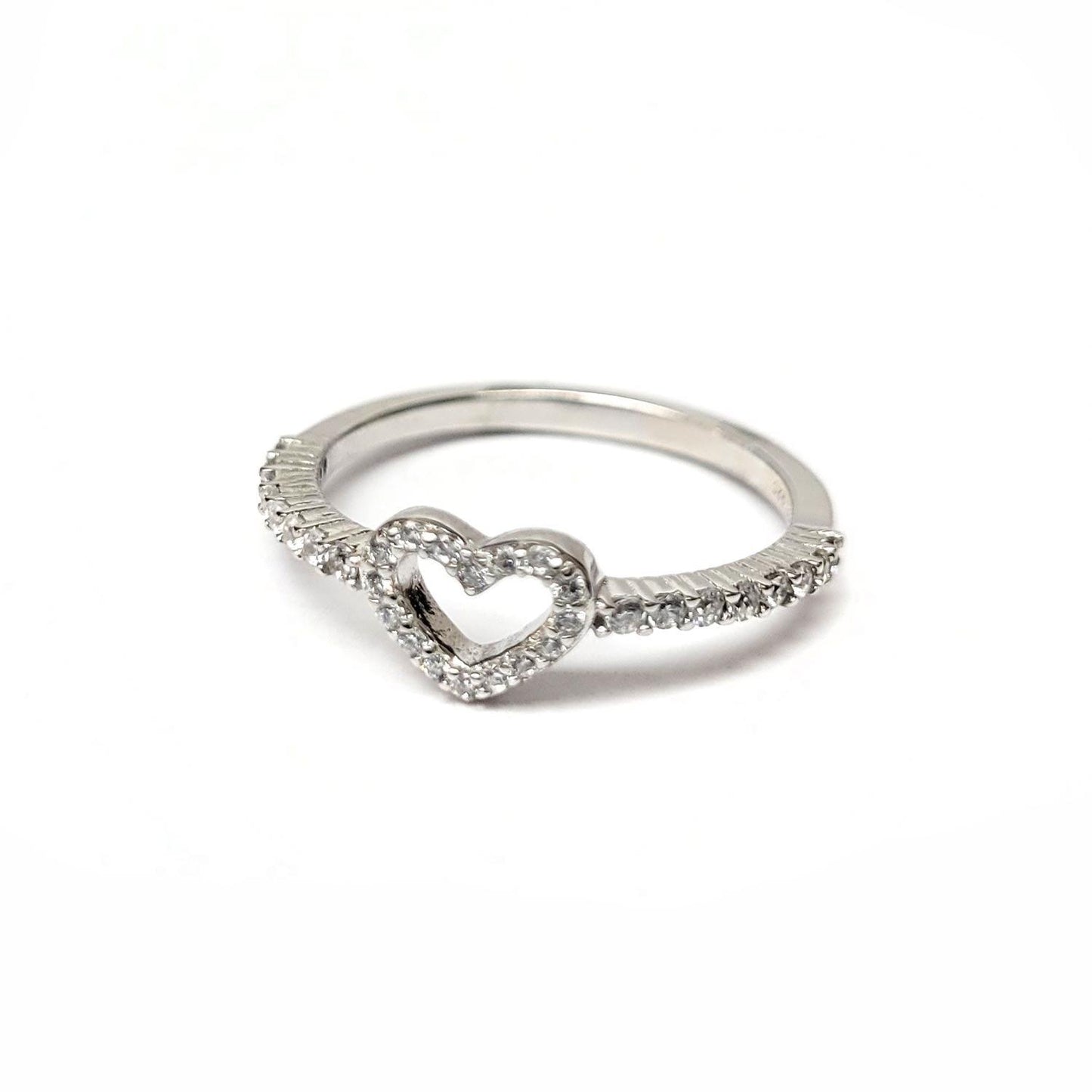 Rhodium Plated 925 Sterling Silver Heart Clear CZ Ring Polished Band Sizes 5-9