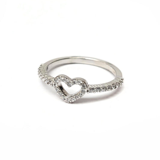 Rhodium Plated 925 Sterling Silver Heart Clear CZ Ring Polished Band Sizes 5-9