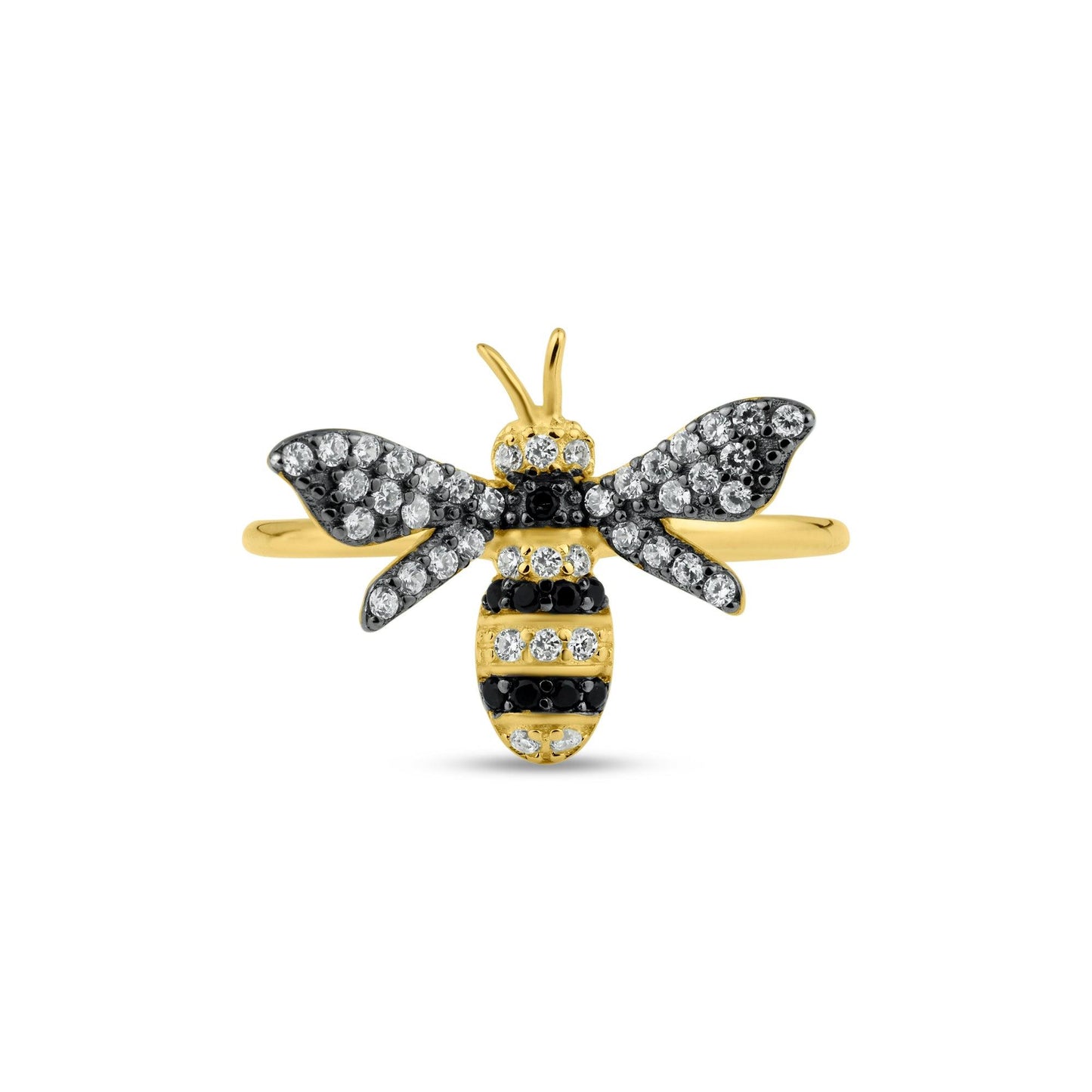 Gold Plated 925 Sterling Silver Honey Bumble Bee Clear CZ Ring Band Sizes 5-9