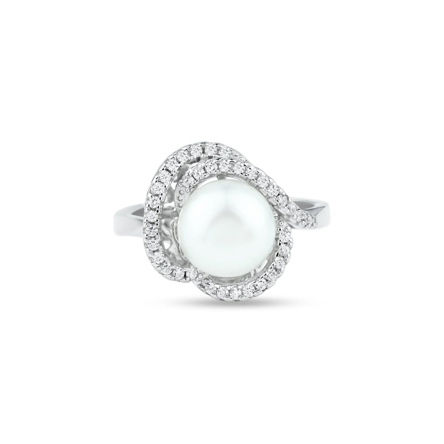 Rhodium Plated 925 Sterling Silver White Simulated Pearl Clear CZ Ring Sizes 5-9