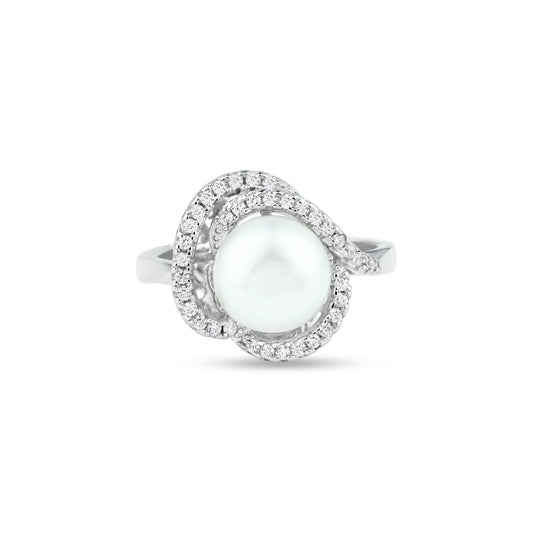 Rhodium Plated 925 Sterling Silver White Simulated Pearl Clear CZ Ring Sizes 5-9