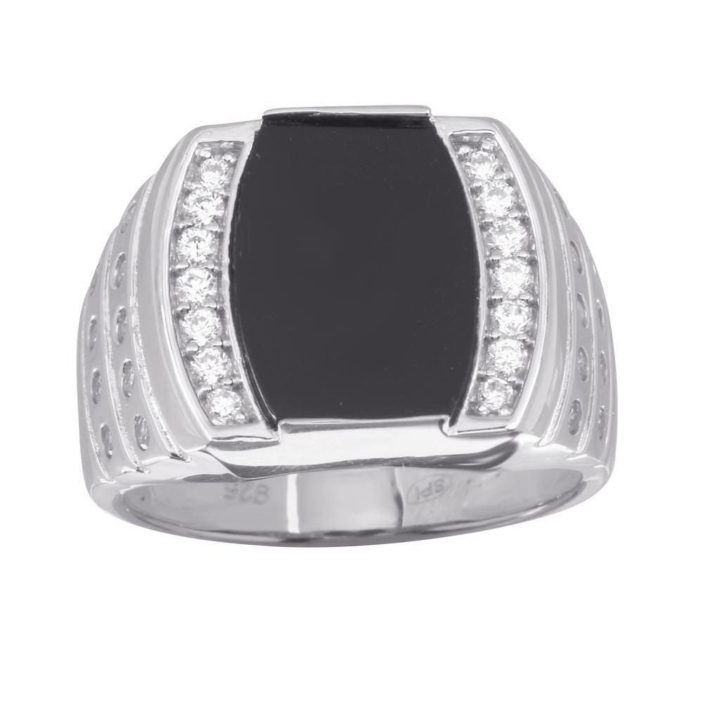 Rhodium Plated 925 Sterling Silver Men's Flat Oval Onyx Ring CZ Band Sizes 9-12