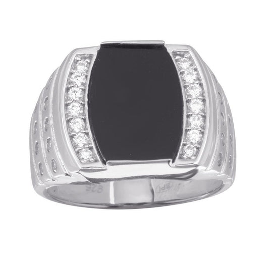 Rhodium Plated 925 Sterling Silver Men's Flat Oval Onyx Ring CZ Band Sizes 9-12