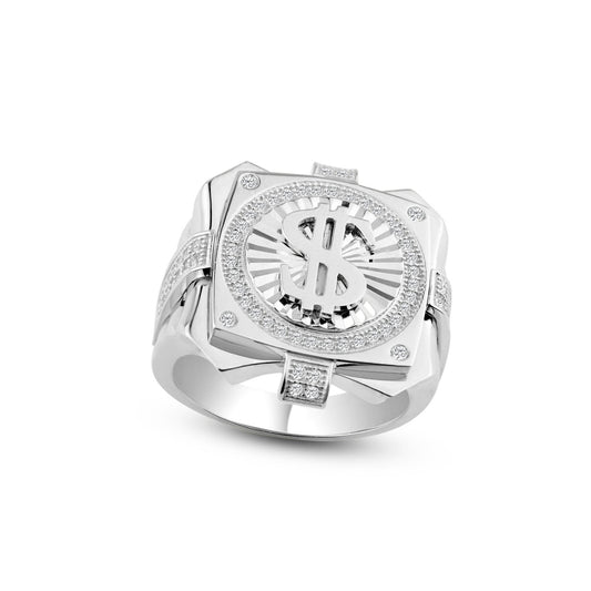 Rhodium Plated 925 Sterling Silver Men's Dollar $ Sign Ring Band Sizes 9-12