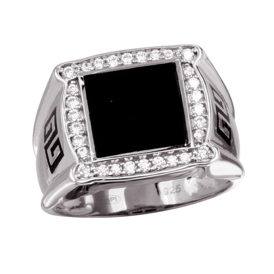 Rhodium Plated 925 Sterling Silver Men's Flat Square Onyx Ring CZ Sizes 9-12