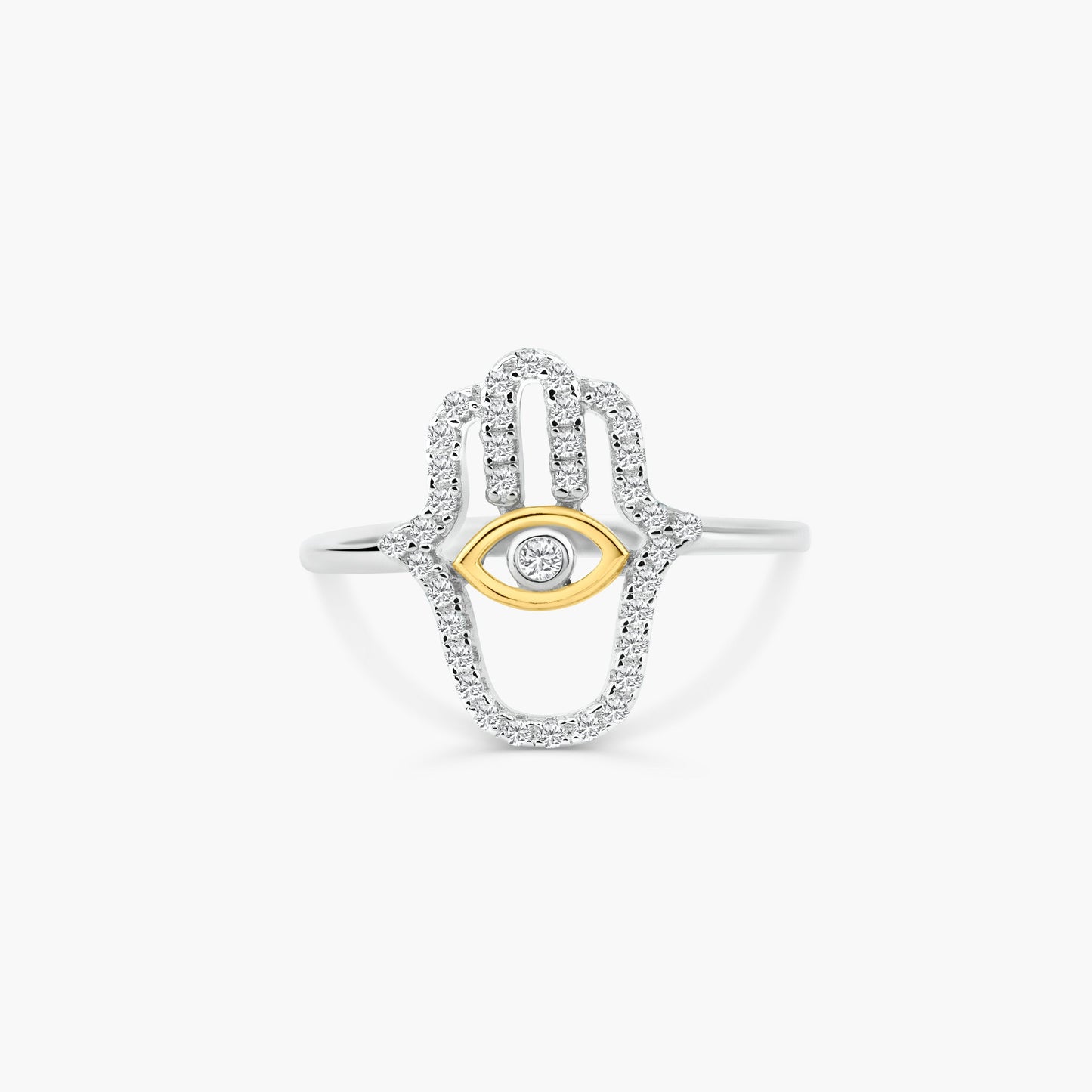 925 Gold Plated Sterling Silver 2 Toned Hamsa Hand Clear CZ Ring Band Sizes 5-9