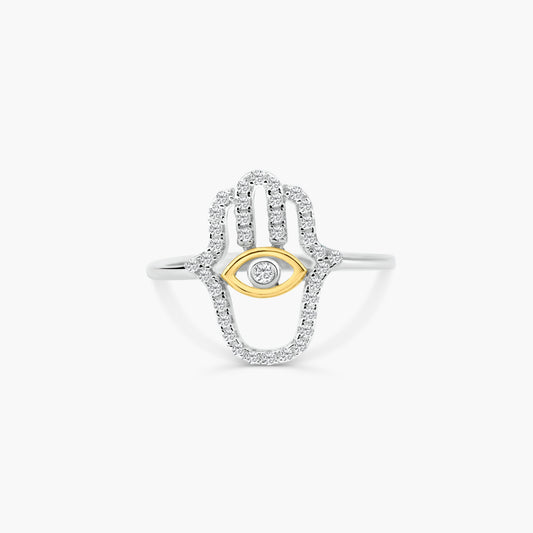 925 Gold Plated Sterling Silver 2 Toned Hamsa Hand Clear CZ Ring Band Sizes 5-9