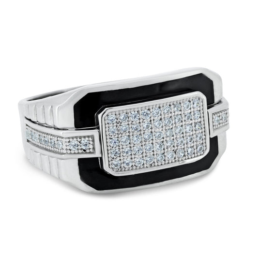 Rhodium Plated 925 Sterling Silver Multi Row CZ Black Enamel Ring Sizes 9-12
