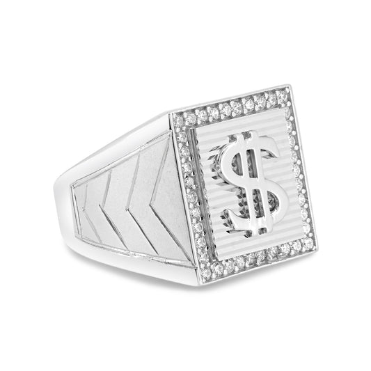 Men's 925 Sterling Silver Rhodium Plated Dollar $ Sign Ring CZ Band Sizes 9-12