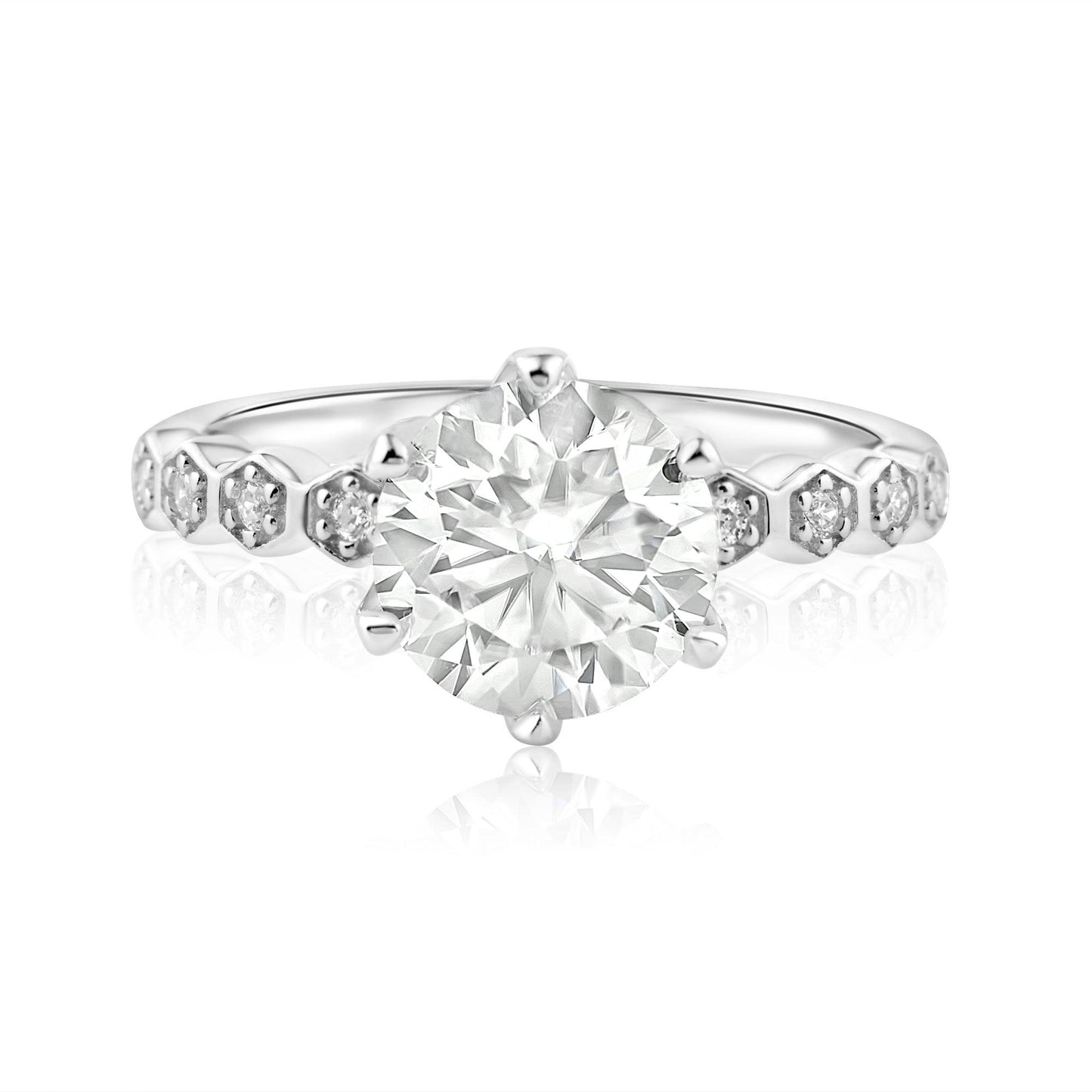 Rhodium Plated 925 Sterling Silver 2 Carat Round Moissanite CZ Ring Sizes 5-9