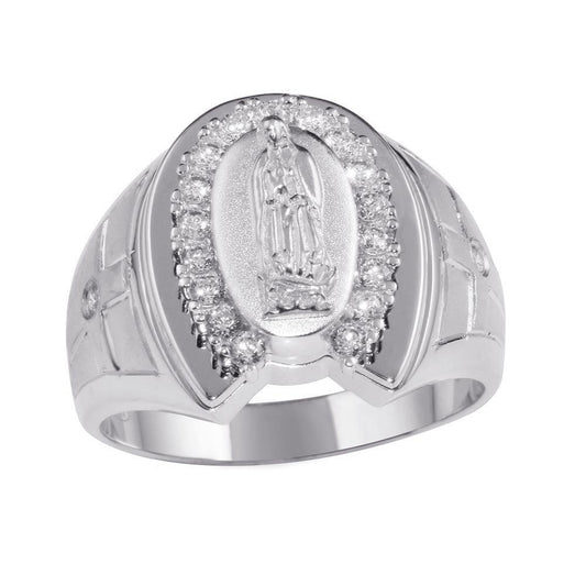 925 Rhodium Plated Sterling Silver Rhodium Lady of Guadalupe Ring Sizes 9-12