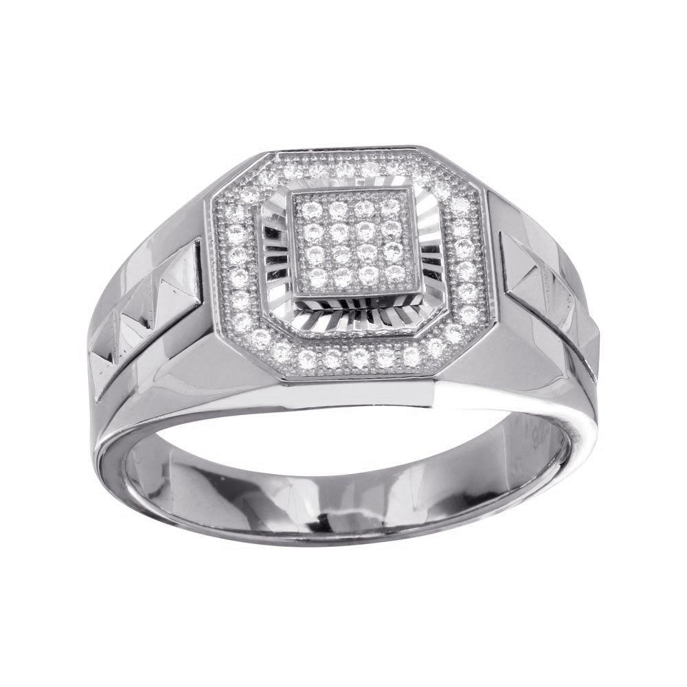 Men's Rhodium Plated 925 Sterling Silver Square Ring Clear CZ Band Sizes 9-12