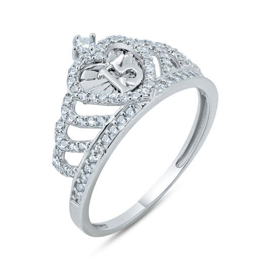 Sterling Silver 925 Rhodium Plated Quinceanera 15 Heart Crown CZ Ring Sizes 5-9