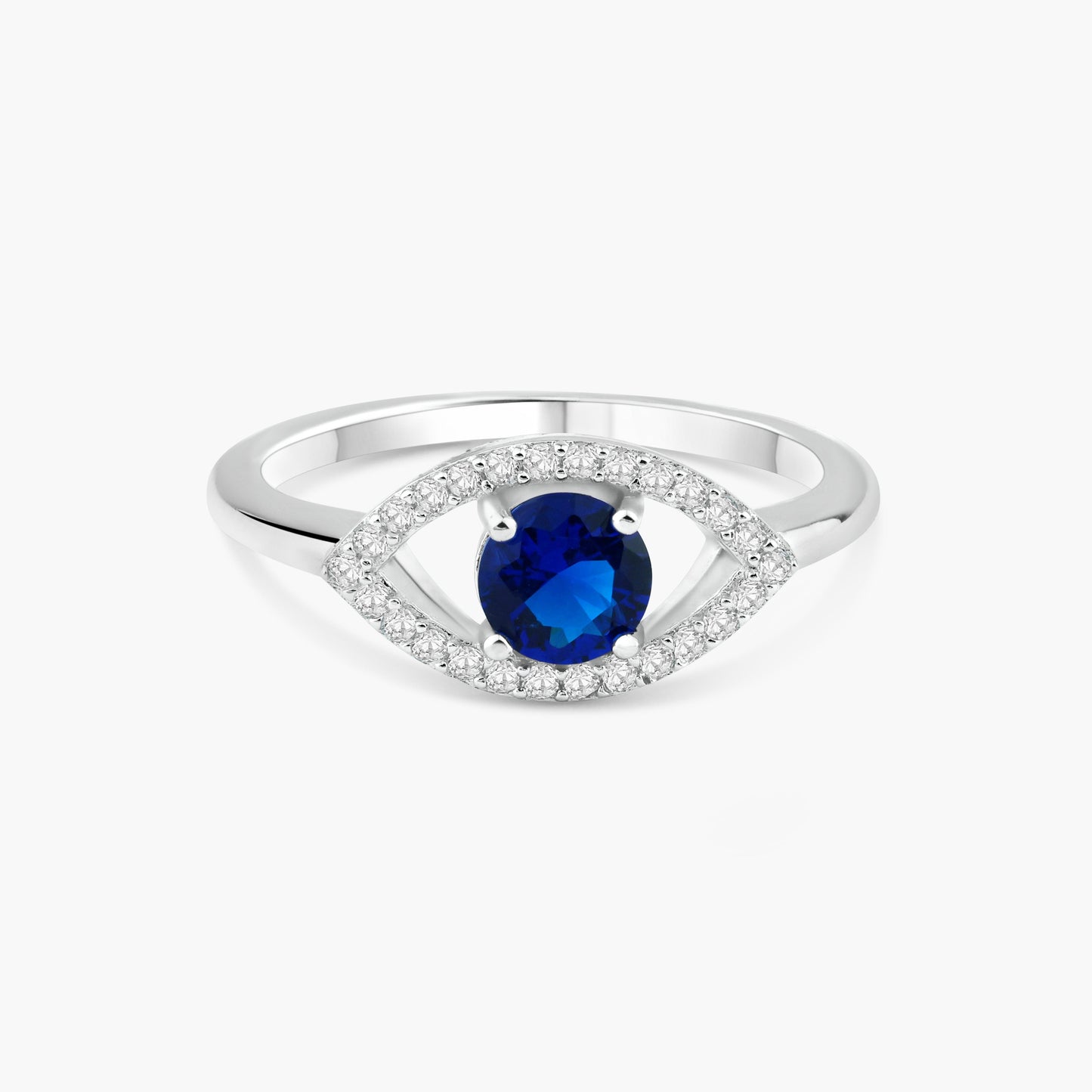 Rhodium Plated 925 Sterling Silver Evil Eye Ring Blue & Clear CZ Band Sizes 5-9