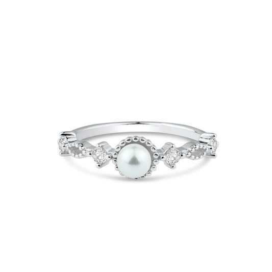 Rhodium Plated 925 Sterling Silver Simulated Pearl Clear CZ Ring Band Sizes 5-9