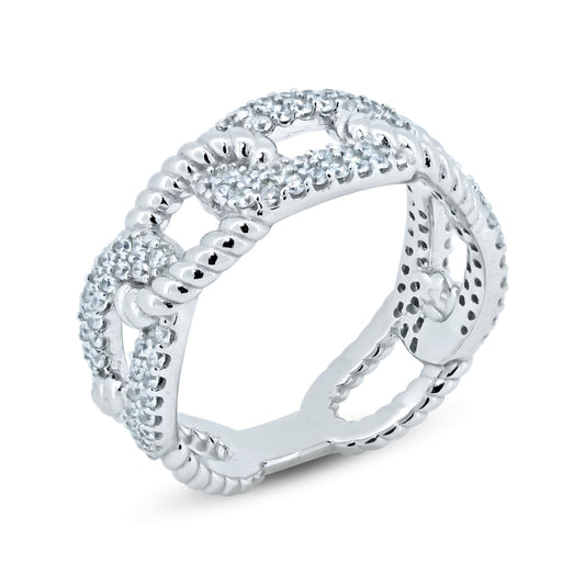 Sterling Silver 925 Rhodium Plated Chain Link Clear CZ Ring Band Sizes 5-9