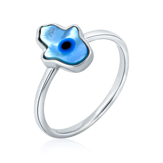 Rhodium Plated 925 Sterling Silver Hamsa Evil Eye Mother of Pearl Ring Sizes 5-9