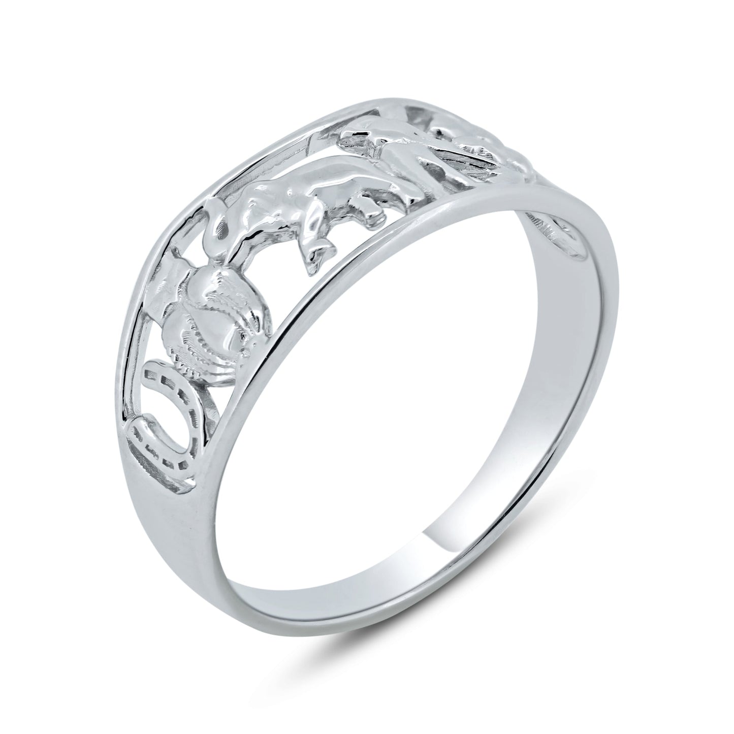 Rhodium Plated 925 Sterling Silver Lucky Symbols Ring Band Sizes 5-9