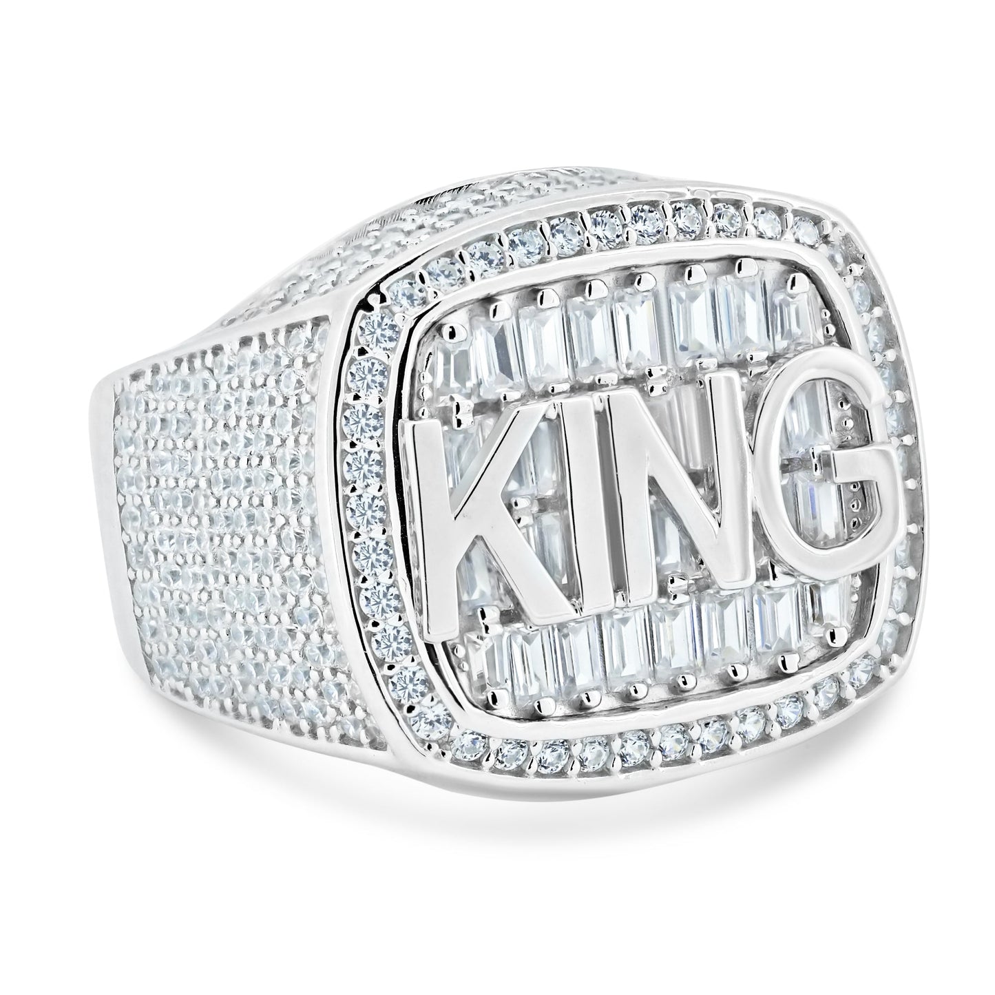 Rhodium Plated 925 Sterling Silver CZ Encrusted "King" Ring Band Sizes 9-12